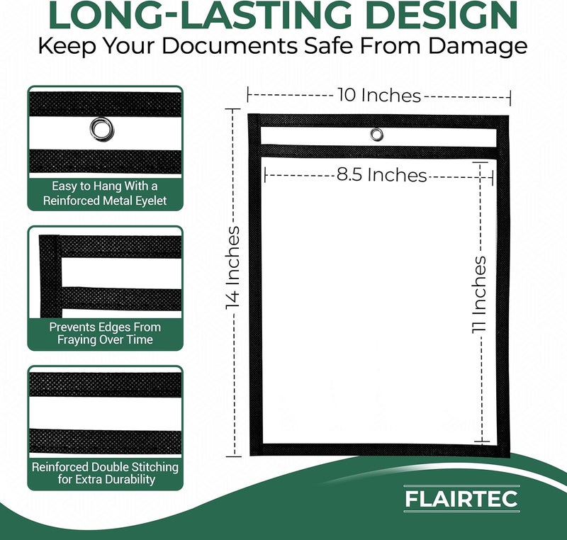 FLAIRTEC Job Ticket Holders 10x14 - (30 Pack) 8.5x11 Letter Size | Reusable Dry Erase Pockets Black with Metal Rings & Hooks | Durable Clear Shop Sleeves for Work Order | Perfect for Classrooms - Image 3